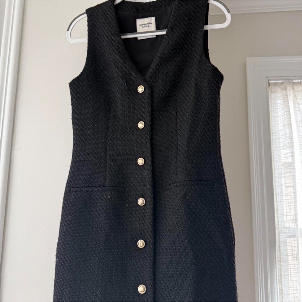 Abercrombie + Fitch Black Sleeveless Tweed Dress with Gold Buttons